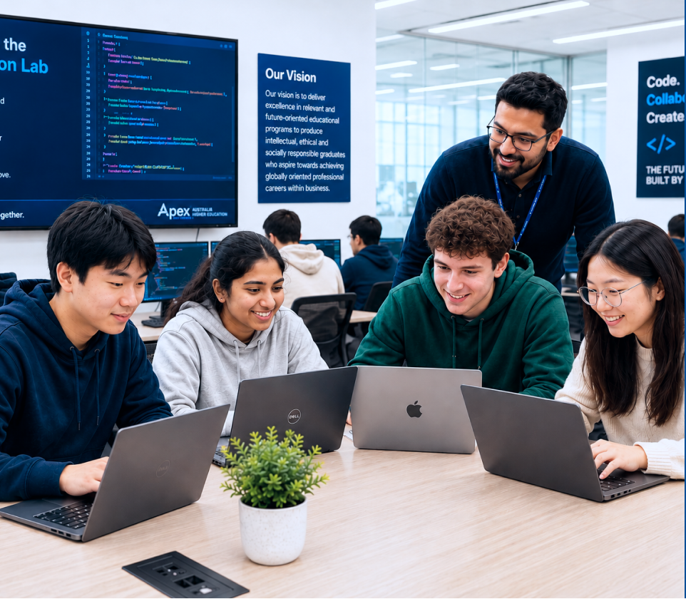 Students working together in an Apex computer lab